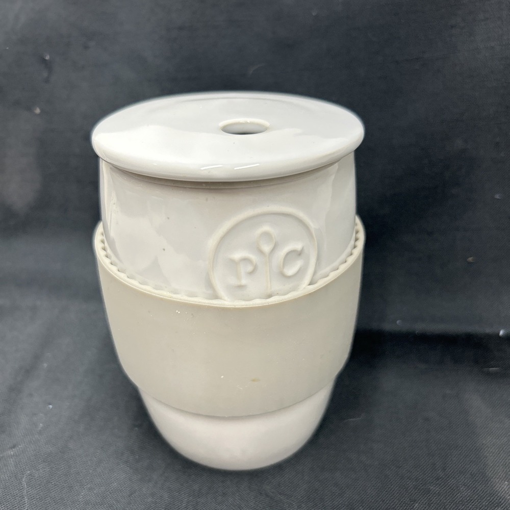 Pampered Chef White Ceramic Egg Cooker Cup Lid with Gray Silicone Sleeve #1529